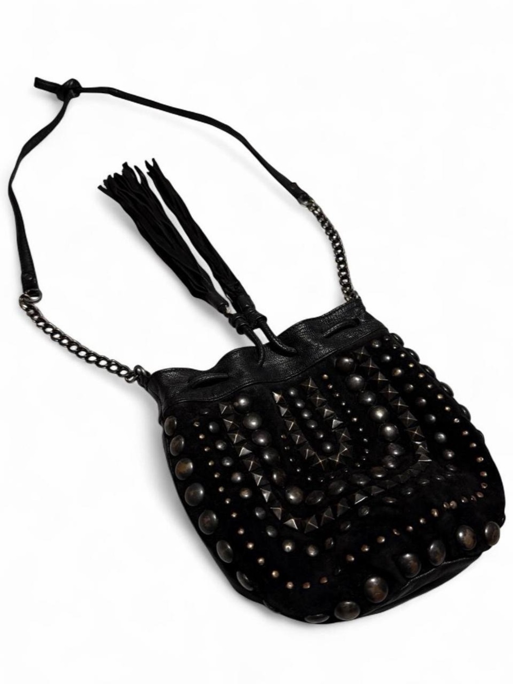 Y2K Vintage Black Studded Bucket Bag with Fringe Tassel Genuine Leather